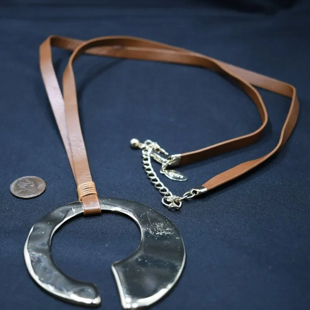 Chico’s Leather Necklace Large Gold C Pendant Adjustable 36” Modern Statement